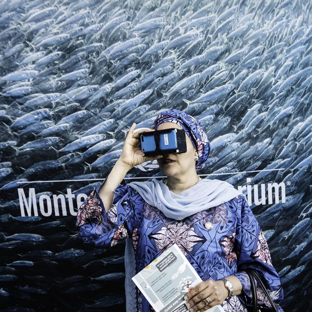 Amina J. Mohammed, stellvertretende UN-Generalsekretärin informiert sich am World Ocean Festival mit einer Virutal Reality-Brille.