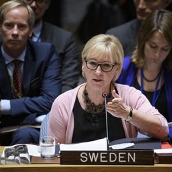 Die schwedische Außenministerin sitzt an einem Tisch, vor ihr ein Tischschild mit der Aufschrift: Sweden. Sie spricht in ein Tischmikrofon. 