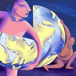 Die Illustration zeigt eine gespaltene Weltkugel, eine Hälfte wird von einer großen starken Person locker gehalten, die andere Hälfte wird von einer schwächeren Person gestützt. 