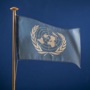 Flagge mit Weltkarte und zwei Olivenzweigen.