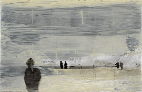 Das Ölbild von Siobhán McDonald skizziert vereinzelte Menschen im Vorder- und Hintergrund die in einer Eislandschaft herumzuirren scheinen